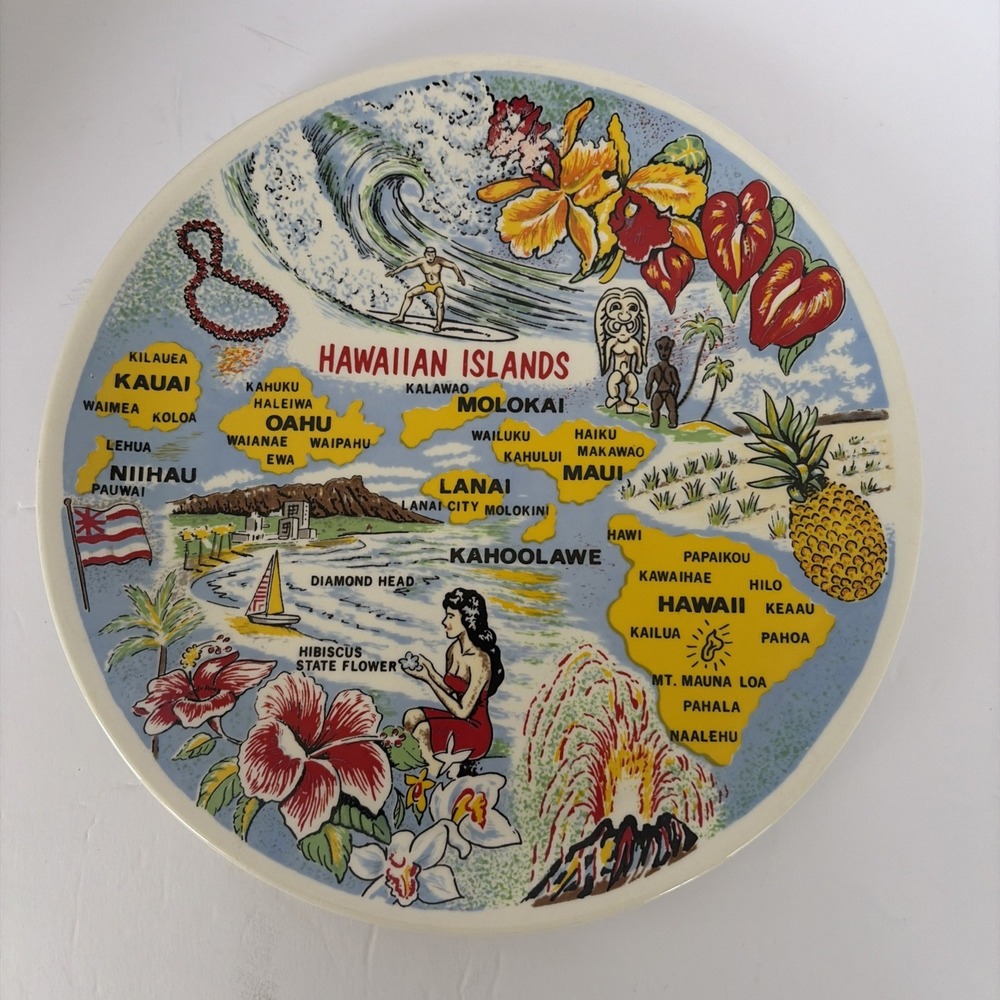 Hawaiian Islands Map Vintage Souvenir Plate Tiki Hula Girl Surfer Volcano